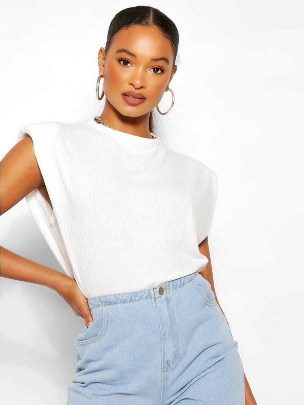 Bardot Padded Shoulder Tank Top White